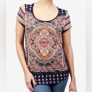 Lucky Brand Navy Persian Rug Scoop Neck Short Sleeve Top